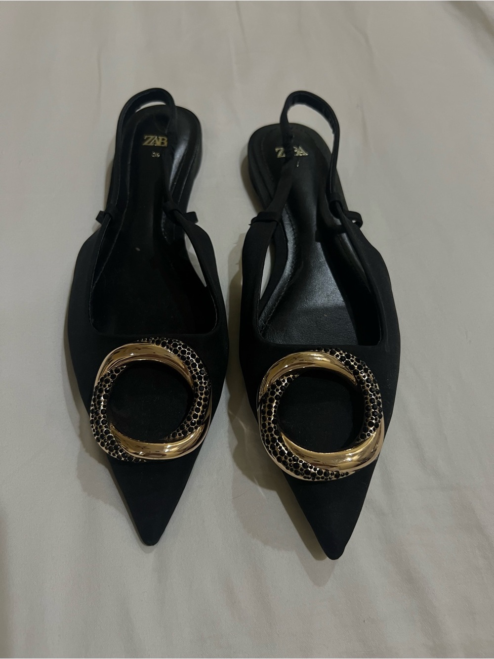 ZARA Black Pointed Slingback Flats with Gold Ring Detail